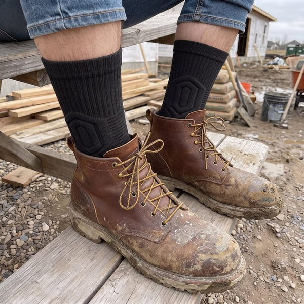 GroundGuard socks in work boots on a job site