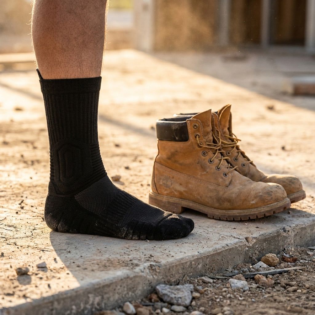 GroundGuard sock on a concrete slab next to worn work boots