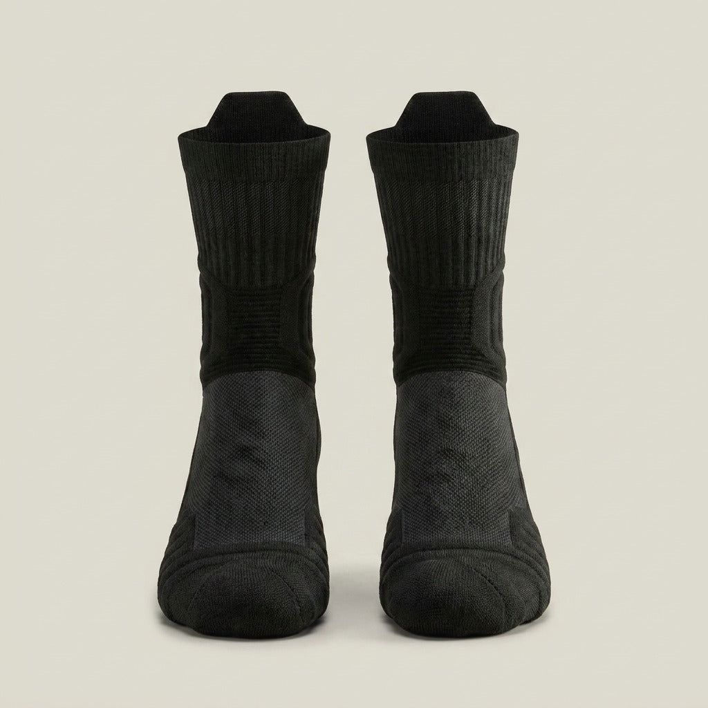 GroundGuard pair front view — wide ribbed cuff and arch band