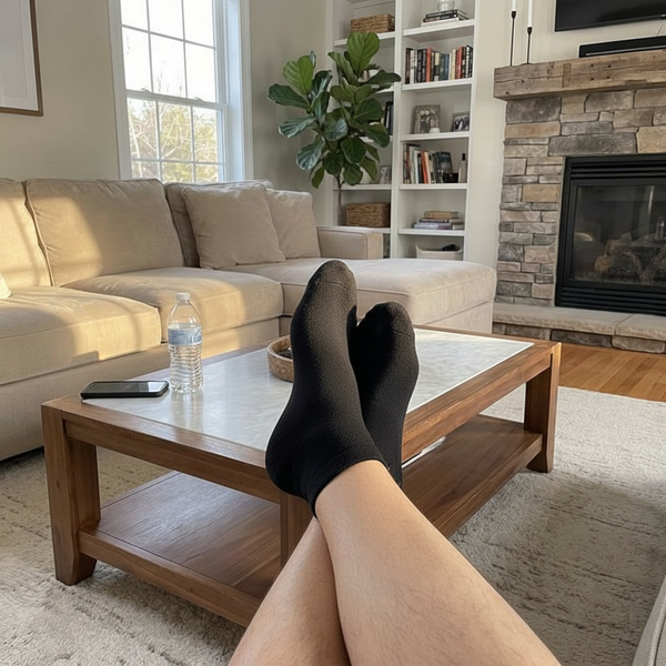 Feet up at home after a shift in GroundGuard socks