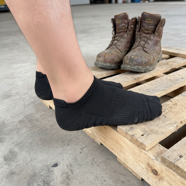 GroundGuard sock in the workshop next to work boots