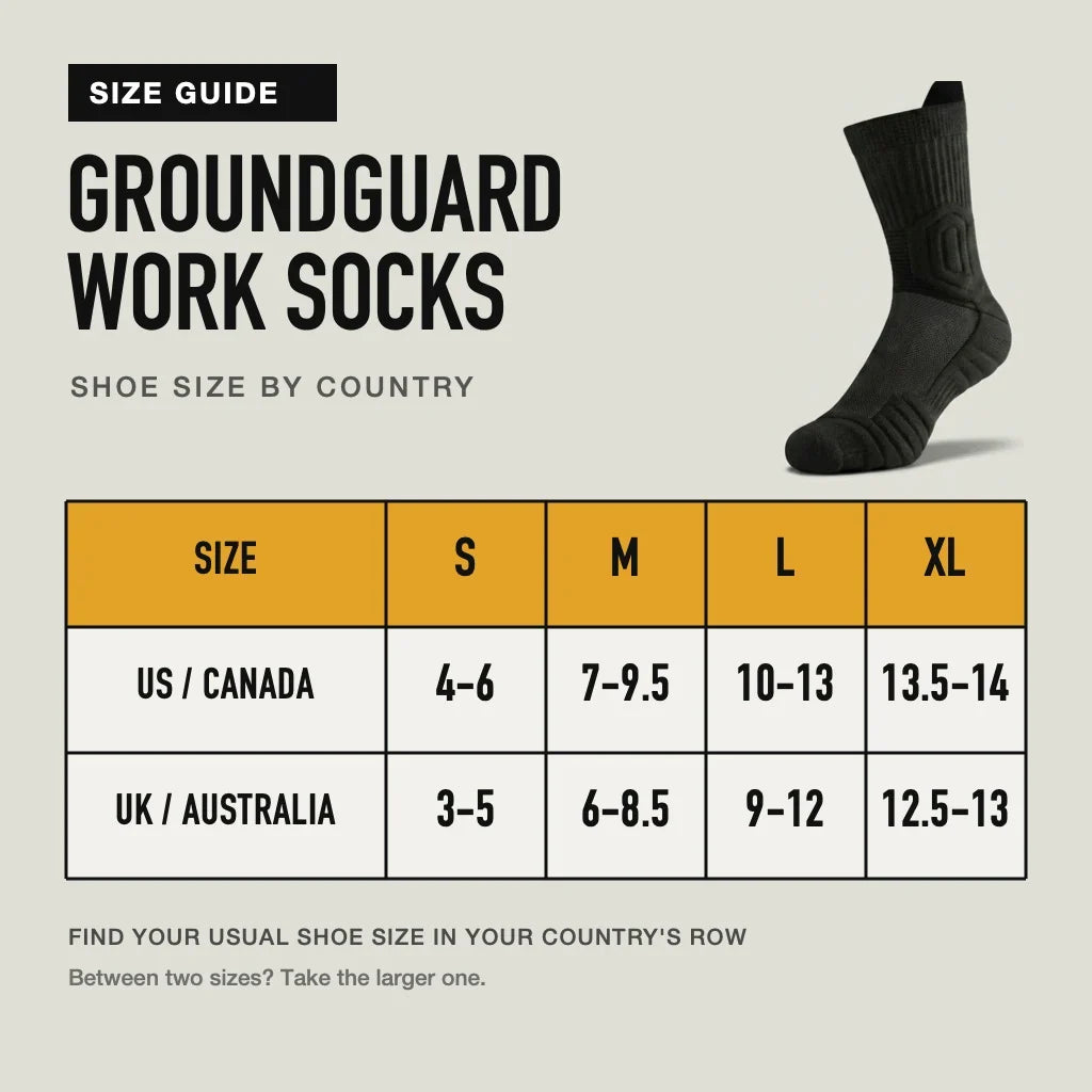 GroundGuard work socks size guide
