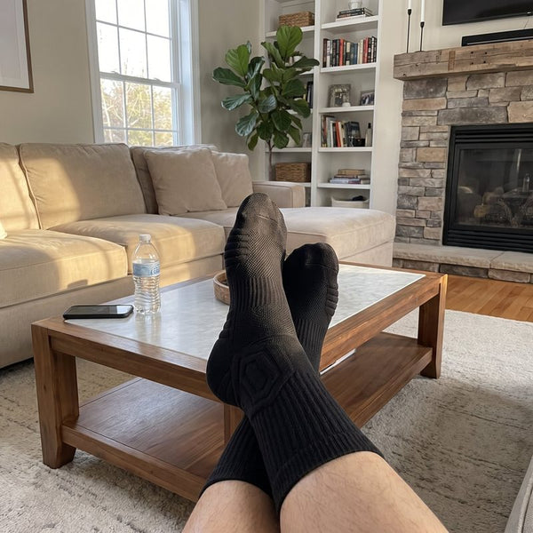 Feet up at home after a shift in GroundGuard socks