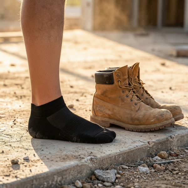 GroundGuard sock held up on a construction site
