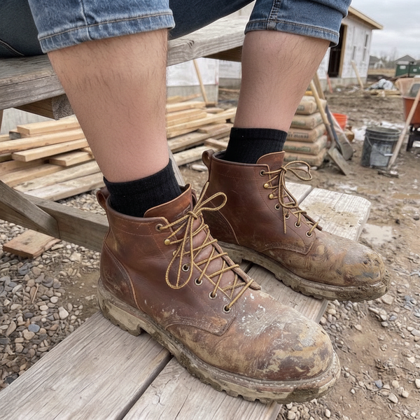 GroundGuard socks in work boots on a job site